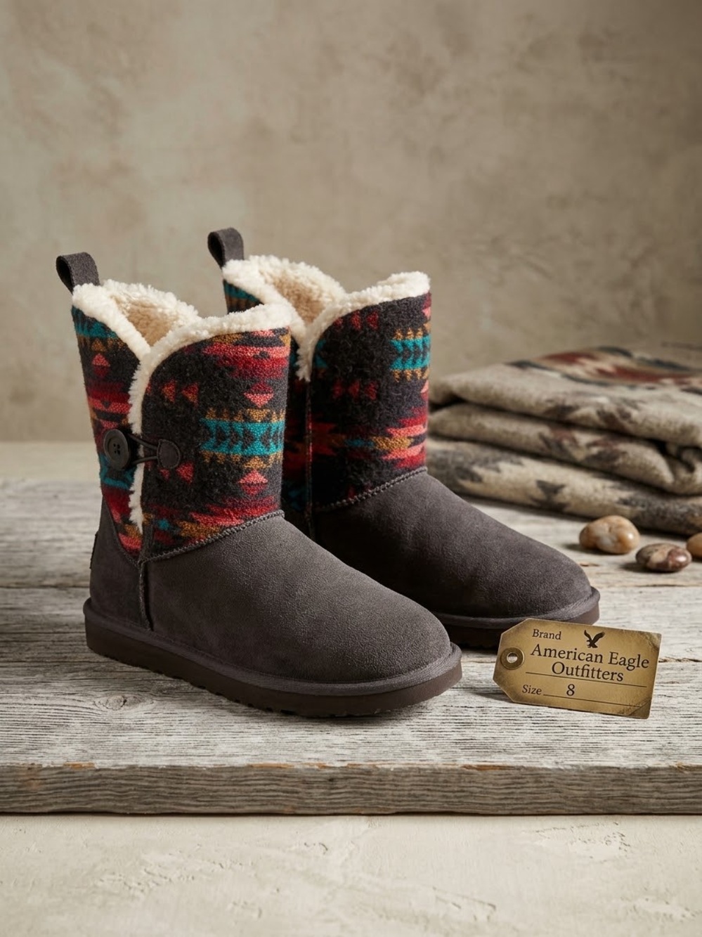 American Eagle Southwest Tribal Aztec Pattern Faux Fur Toggle Boots Size 8 EUC